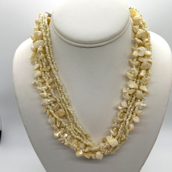 Estate Jewelry - Vintage Multi-Strand Necklace Mother Of Pearl Chips Seed Bead Cruise WearTropics